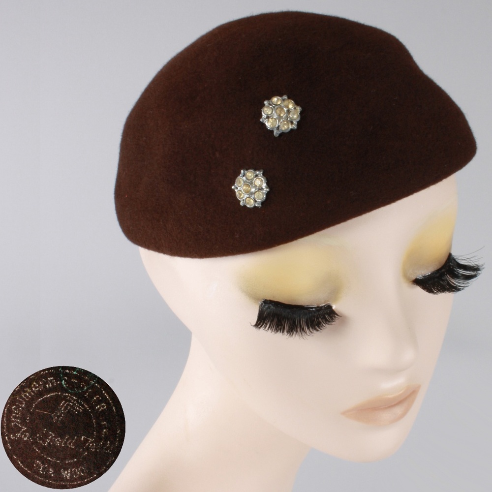 Vintage 20s Wool Felt Rhinestone Beanie Skull Hat